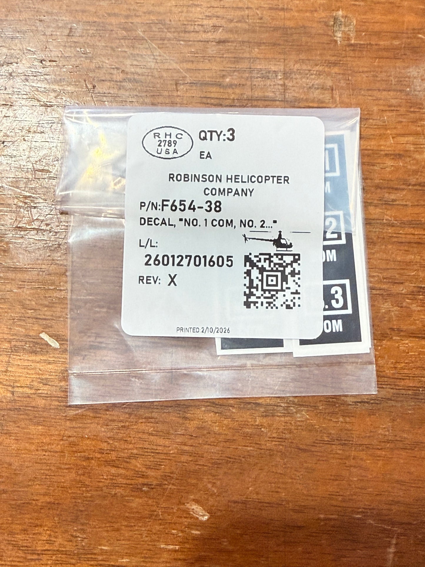 F654-38 DECAL "NO. 1 COM, NO. 2..."