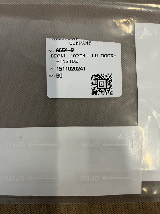 A654-9 DECAL "OPEN" LH DOOR-INSIDE